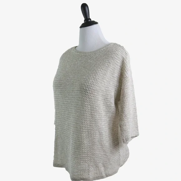 J Jill Size L Linen Blend Open Knit Sweater 3/4 Sleeve Pullover Cream - Picture 1 of 9